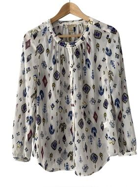 Lucky Brand White Geometric Print Ruffle-Neck Blouse